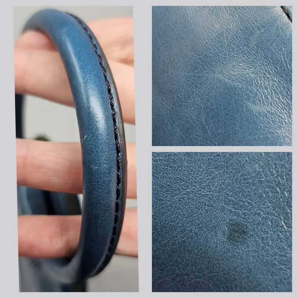 HOBO Sable Clutch Leather Wristlet Blue Circular Handle Brass Tone Hardware